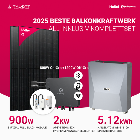 APsystems EZHI Balkonkraftwerk 2025 – Hybrid & Insel-System mit 5kWh / 10kWh Speicher + 900W (2×450W) Bifazial Full Black PV Modulen, AC 2000W