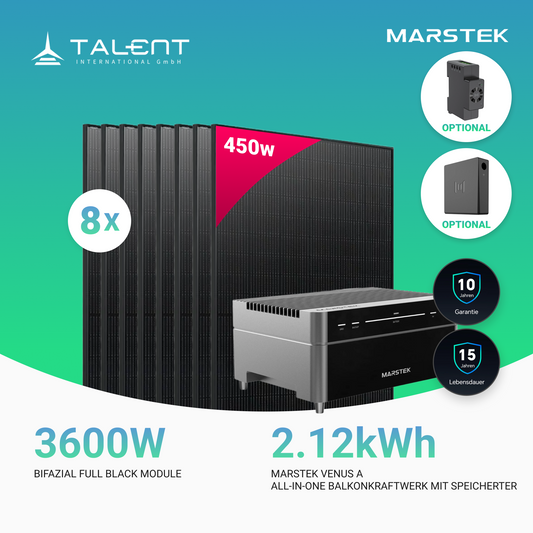 3600W Balkonkraftwerk mit Speicher - 8x 450W Full Black bifazial Glas-Glas N-Typ Modul & Marstek Venus A