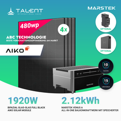1920W Balkonkraftwerk mit Speicher - 4x 480W Aiko Full Black bifazial Glas-Glas Modul & Marstek Venus A