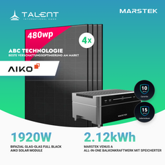 1920W Balkonkraftwerk mit Speicher - 4x 480W Aiko Full Black bifazial Glas-Glas Modul & Marstek Venus A