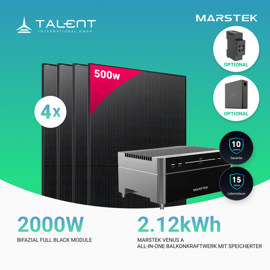 2000W Balkonkraftwerk mit Speicher - 4x 500W Bifazial Transparentes Glas-Glas Full Black Modul & Marstek Venus A