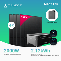 2000W Balkonkraftwerk mit Speicher - 4x 500W Bifazial Transparentes Glas-Glas Full Black Modul & Marstek Venus A