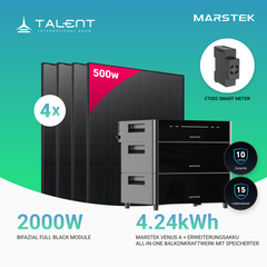 2000W Balkonkraftwerk mit Speicher - 4x 500W Bifazial Transparentes Glas-Glas Full Black Modul & Marstek Venus A