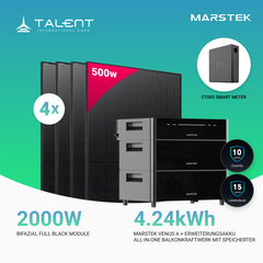 2000W Balkonkraftwerk mit Speicher - 4x 500W Bifazial Transparentes Glas-Glas Full Black Modul & Marstek Venus A