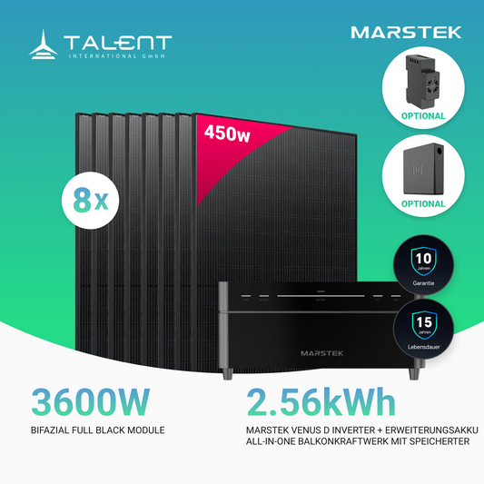 3600W Balkonkraftwerk mit Speicher - 8x 450W Full Black bifazial Glas-Glas N-Typ Modul & Marstek Venus D