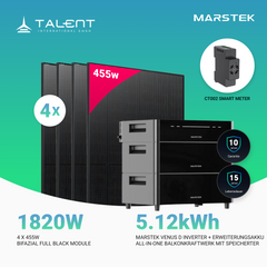 1820W Balkonkraftwerk mit Speicher - 4x 455W Full Black bifazial Glas-Glas Modul & Marstek Venus D