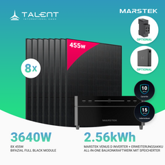 3640W Balkonkraftwerk mit Speicher - 8x 455W Full Black bifazial Glas-Glas Modul & Marstek Venus D