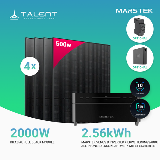 2000W Balkonkraftwerk mit Speicher - 4x 500W Bifazial Transparentes Glas-Glas Full Black Modul & Marstek Venus D