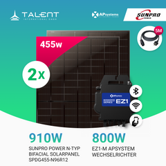 Balkonkraftwerk 910W (2 x 455W) SunPro Power N-Typ Bifacial Glas PV Modul Full Black + 800W EZ1-M Apsystem Wechselrichter – Transparentes Glas-Glas Modul