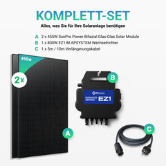 Balkonkraftwerk 910W (2 x 455W) SunPro Power N-Typ Bifacial Glas PV Modul Full Black + 800W EZ1-M Apsystem Wechselrichter – Transparentes Glas-Glas Modul
