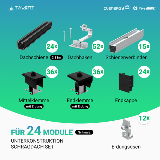 Clenergy PV-ezRack SolarRoof Pro 2.0 Unterkonstruktion Schrägdach Set für 24 Module in Silber oder Schwarz