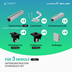 Clenergy PV-ezRack SolarRoof Pro 2.0 Unterkonstruktion Schrägdach Montageset für 3 zusammenstehende Module in Silber / Schwarz ( neue ver. 2026 )