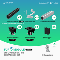 Clenergy PV-ezRack SolarRoof Pro 2.0 Unterkonstruktion Schrägdach Montageset für 5 zusammenstehende Module in Silber / Schwarz ( neue ver. 2026 )