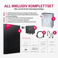 APsystems EZHI Balkonkraftwerk 2025 – Insel- & Hybrid-System mit 5kWh / 10kwh Speicher + 870W (2×435W) Bifazial Full Black Golden Solar Modulen, AC2000W