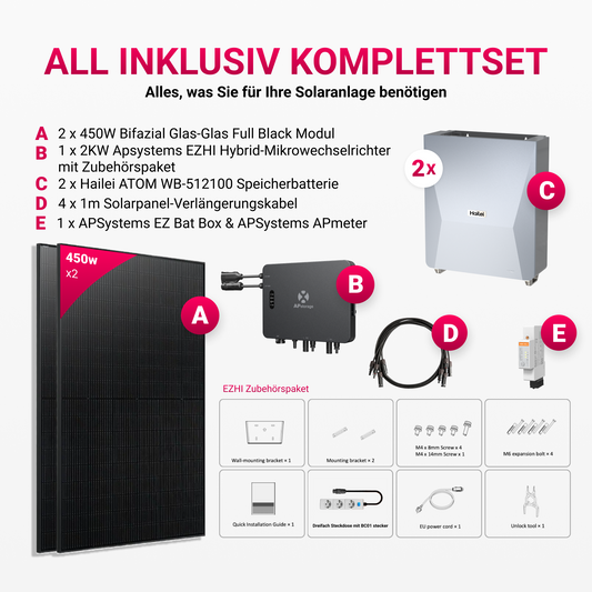 APsystems EZHI Balkonkraftwerk – Insel- & Hybrid-System mit 5kWh / 10kwh Speicher + 900W (2×450W) Full Black Bifacial Glas-Glas Modul, AC2000W