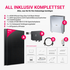 APsystems EZHI Balkonkraftwerk – Insel- & Hybrid-System mit 5kWh / 10kwh Speicher + 910W (2×455W) Full Black Bifacial Glas-Glas Modul, AC2000W