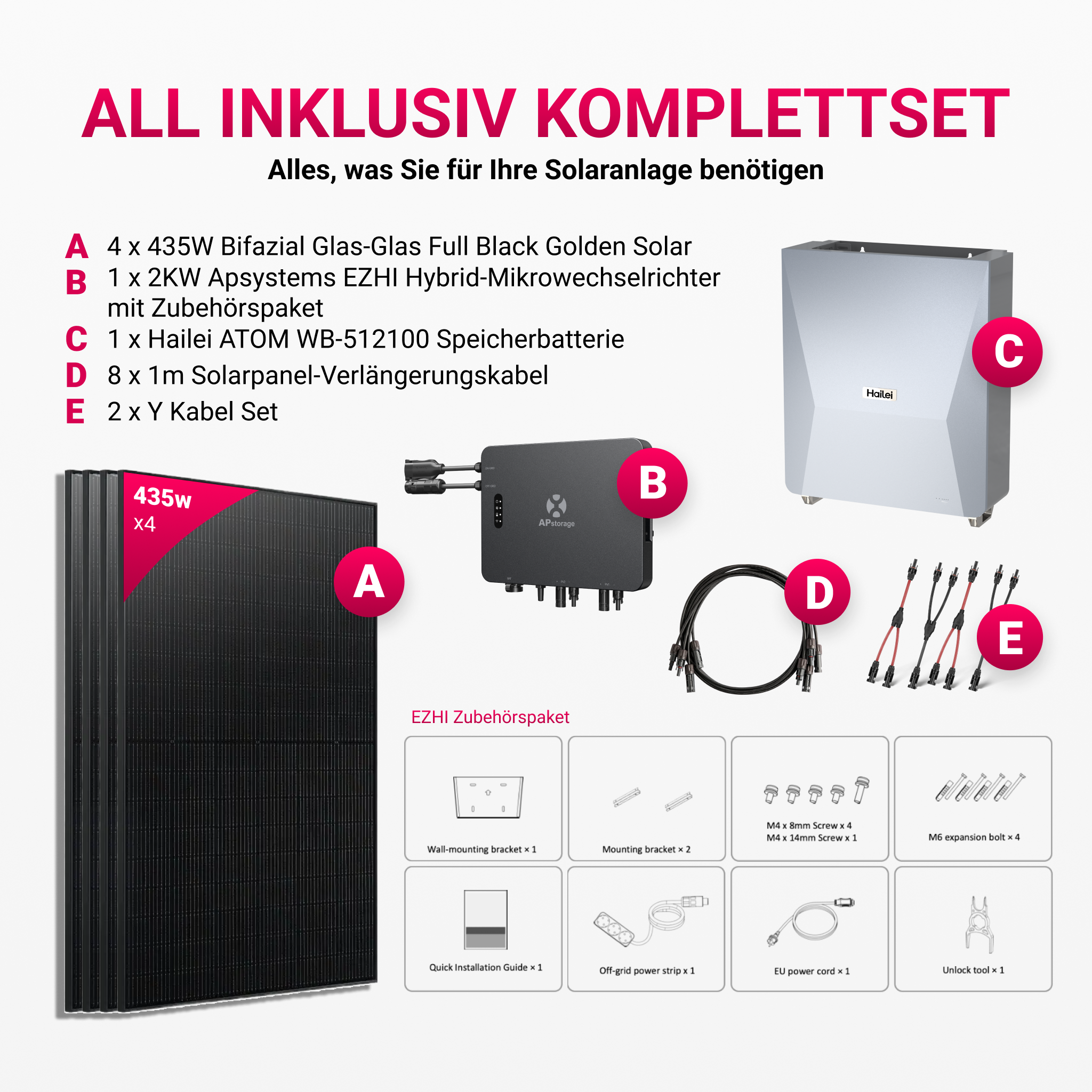 APsystems EZHI Balkonkraftwerk 2025: Insel- & Hybrid-System + 5 kWh Speicher, 4 x 435W Bifaziales Full Black Golden Solar Module, AC2000W