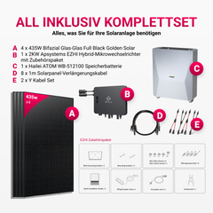 APsystems EZHI Balkonkraftwerk 2025: Insel- & Hybrid-System + 5 kWh Speicher, 4 x 435W Bifaziales Full Black Golden Solar Module, AC2000W