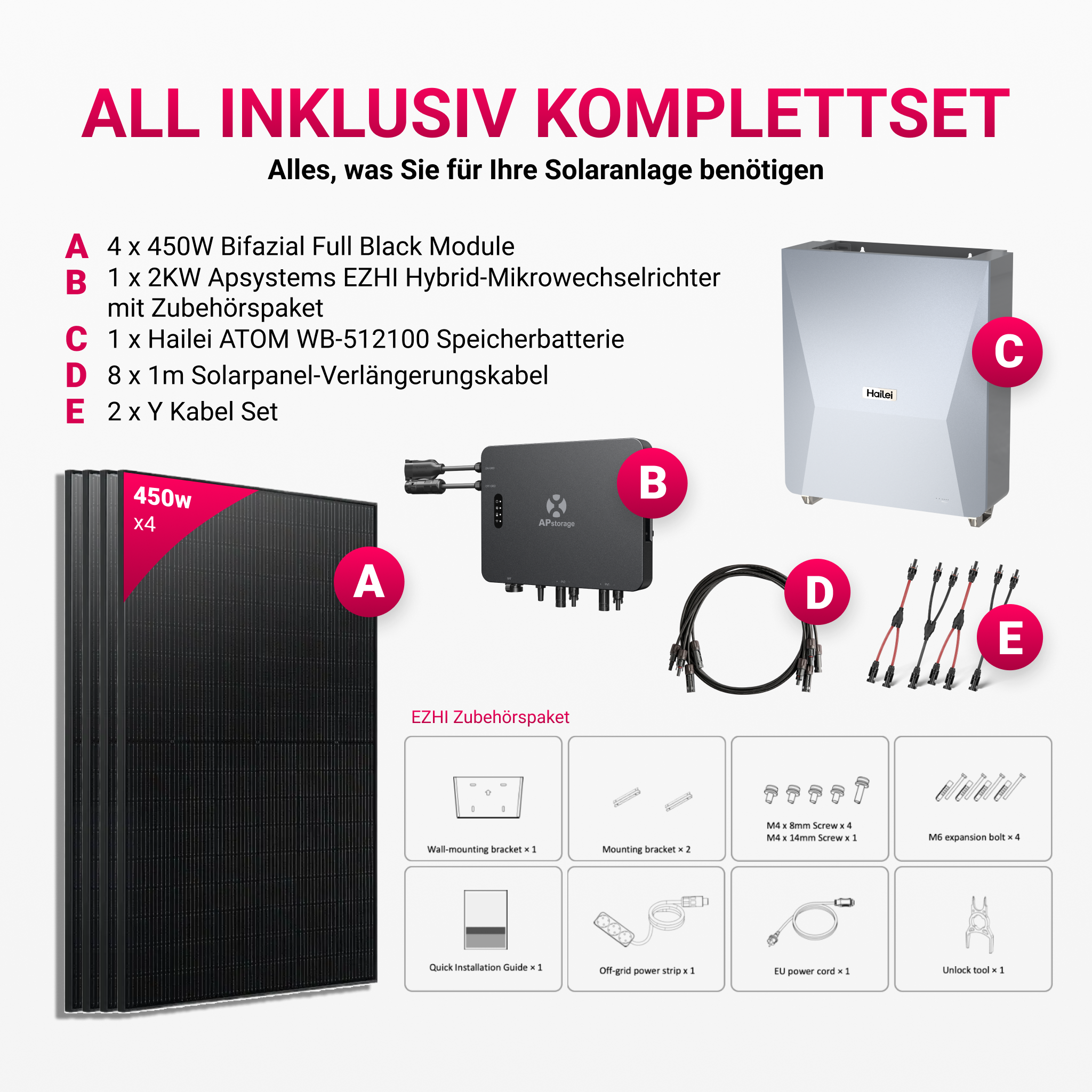 APsystems EZHI Balkonkraftwerk 2025: Insel- & Hybrid-System + 5 kWh Speicher + 4 x 440W / 450W Bifacial Glas Full Black PV Module + AC2000W