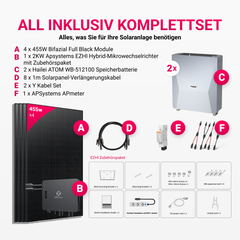 APsystems EZHI Balkonkraftwerk – Hybrid & Insel-System mit 5 kWh / 10kWh Speicher + 1820W (4 x 455W) Bifacial Glas-Glas Full Black Module, AC 2000W