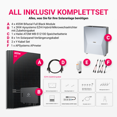 APsystems EZHI Balkonkraftwerk – Hybrid & Insel-System mit 5 kWh / 10kWh Speicher + 1820W (4 x 455W) Bifacial Glas-Glas Full Black Module, AC 2000W