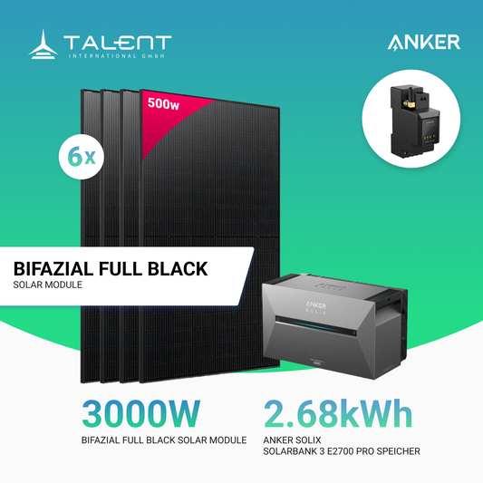 3000W Balkonkraftwerk mit Speicher - 6x 500W Full Black bifazial & Anker Solix Solarbank 3 Pro