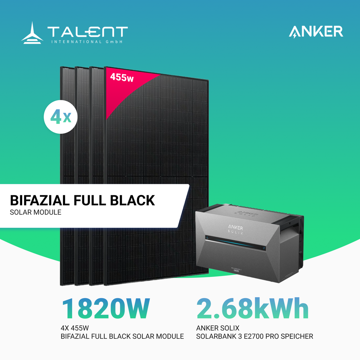 1820W Balkonkraftwerk mit Speicher - 4x 455W Full Black Glas-Glas bifazial Modul & Anker Solix Solarbank 3 Pro