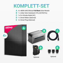 1920W Balkonkraftwerk mit Speicher - 4x 480W Aiko Full Black Glas-Glas bifazial Modul & Anker Solix Solarbank 3 Pro