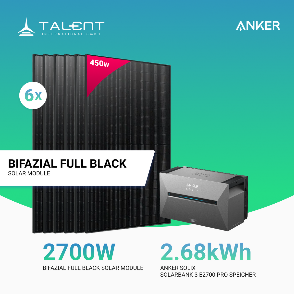 2700W Balkonkraftwerk mit Speicher - 6x 450W Full Black bifazial & Anker Solix Solarbank 3 Pro