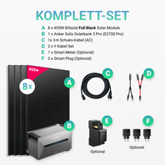 3640W Balkonkraftwerk mit Speicher - 8x 455W Bifazial Glas-Glas Full Black Modul & Anker Solix Solarbank 3 Pro