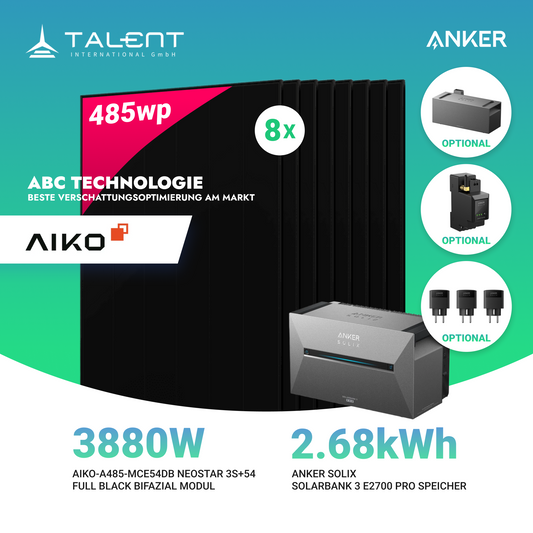 3880W Balkonkraftwerk mit Speicher - 8 × AIKO 485W Full Black bifazial & Anker SOLIX Solarbank 3 Pro