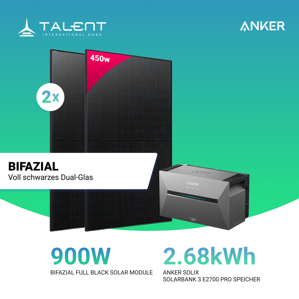 900W Balkonkraftwerk mit Speicher - 2x 450W Full Black bifazial & Anker Solix Solarbank 3 Pro