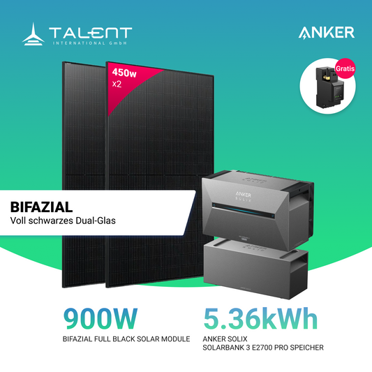 900W Solarkraftwerk mit Speicher - 2 x 450W Bifacial Full Black Module, Anker Solix Solarbank 3 E2700 Pro