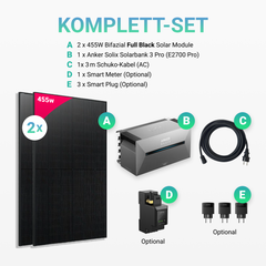 910W Balkonkraftwerk mit Speicher - 2x 455W Full Black Glas-Glas bifazial Modul & Anker Solix Solarbank 3 Pro