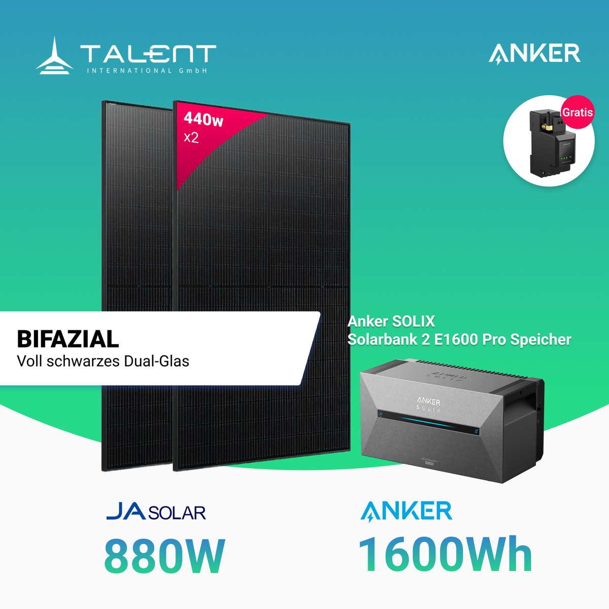 Bifaziales Balkonkraftwerk mit Anker Solarbank 2 E1600 Pro mit Insellösung und 880W Solar Module von Jasolar