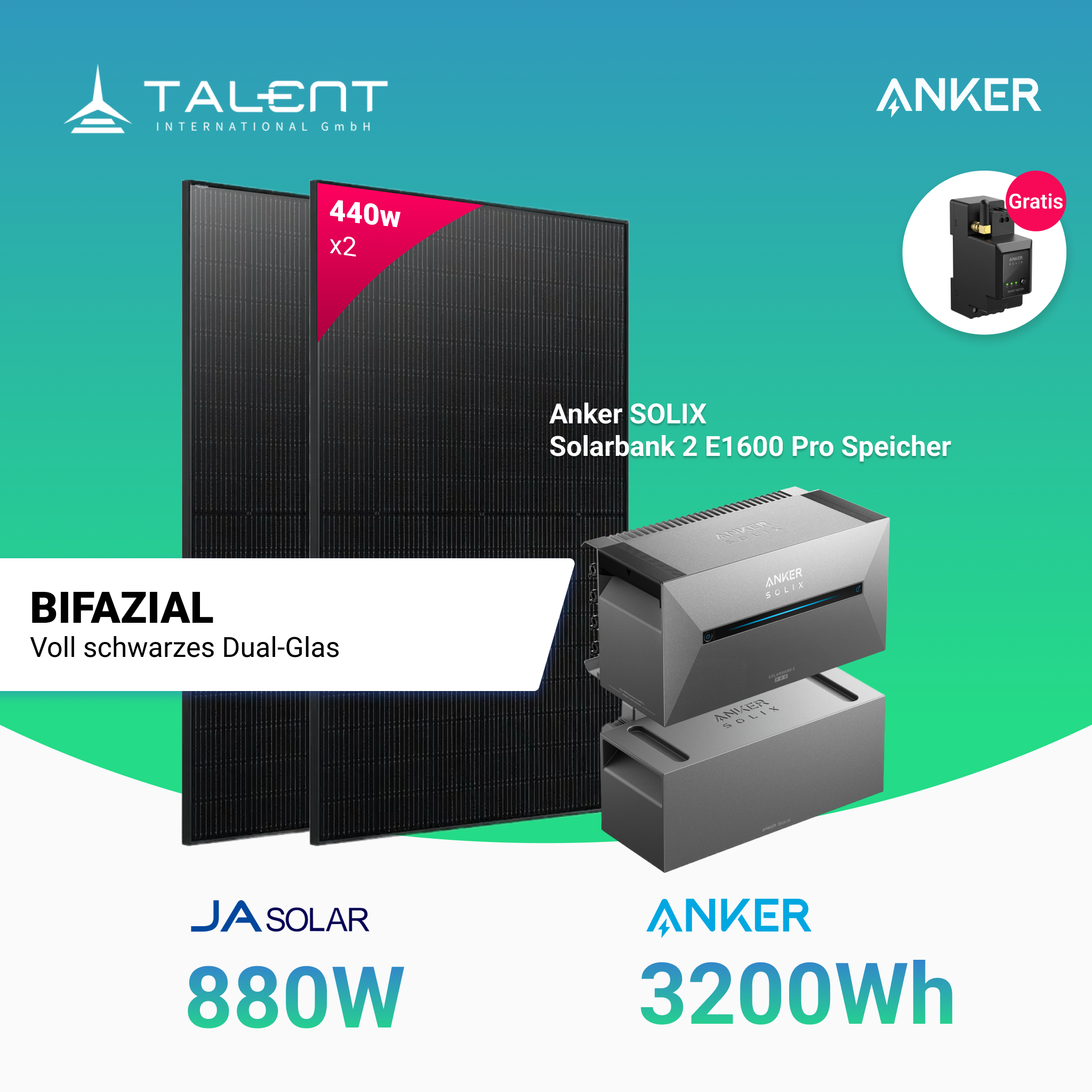 Bifaziales Balkonkraftwerk mit Anker Solarbank 2 E1600 Pro mit Insellösung und 880W Solar Module von Jasolar