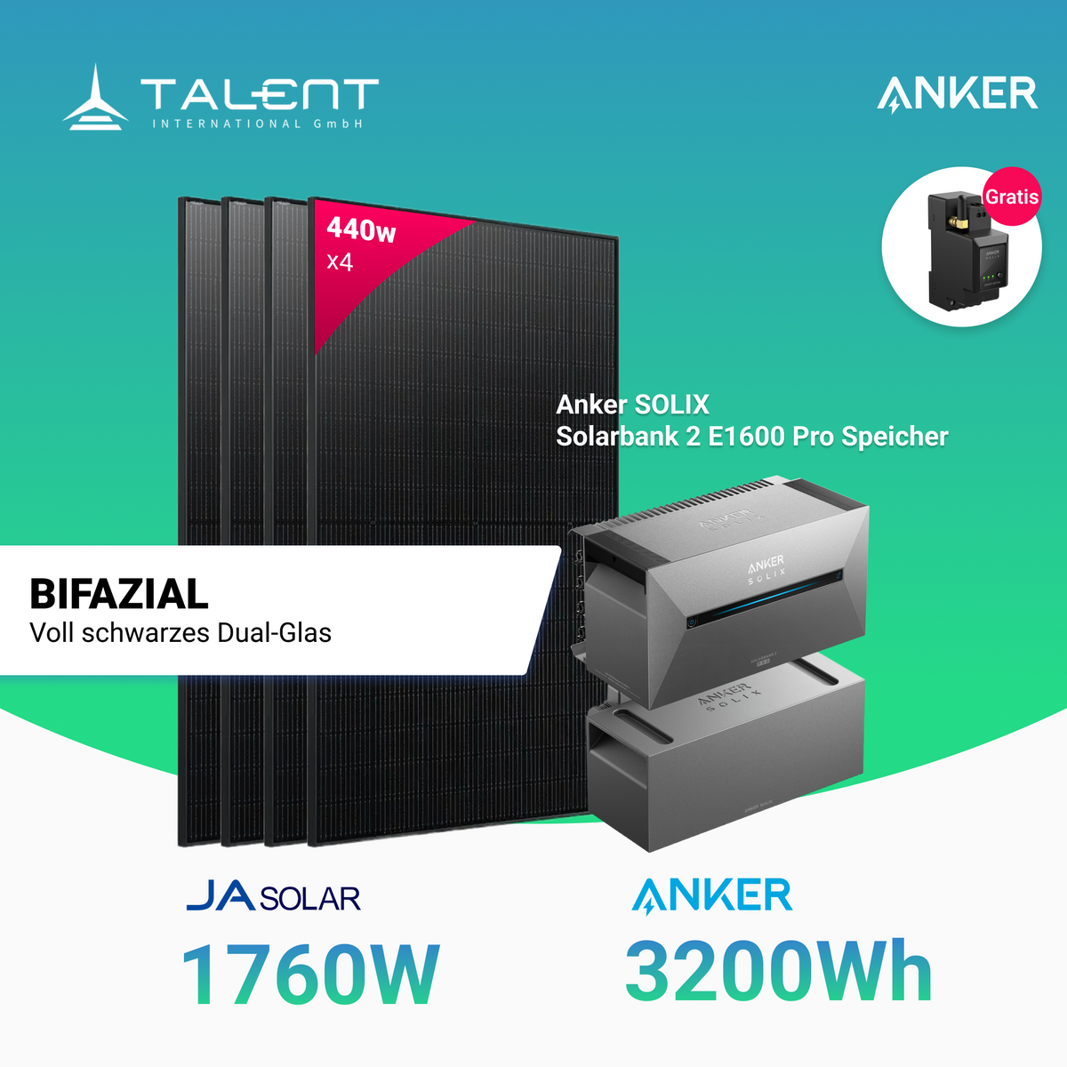 Bifaziales Balkonkraftwerk mit Anker Solarbank 2 E1600 Pro 3200Wh/4800Wh/6400Wh mit Insellösung und 1780W Solar Module von Jasolar