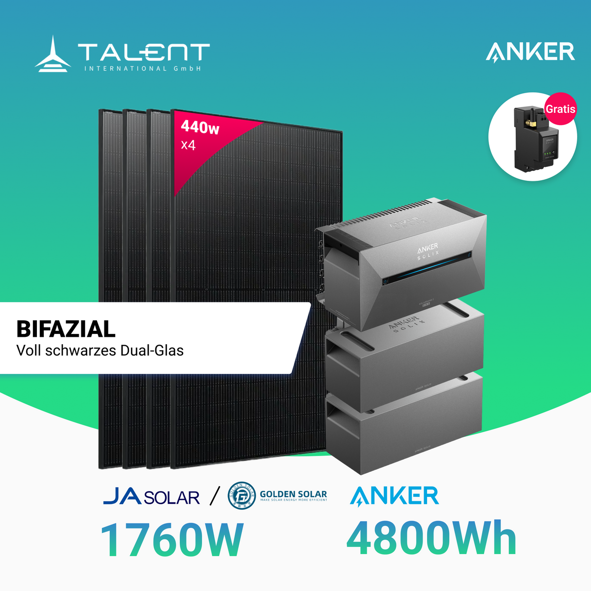 Bifaziales Balkonkraftwerk mit Anker Solarbank 2 E1600 Pro 3200Wh/4800Wh/6400Wh mit Insellösung und 1760W Bifacial Glas PV Modul Full Black von Ja Solar / Golden Solar