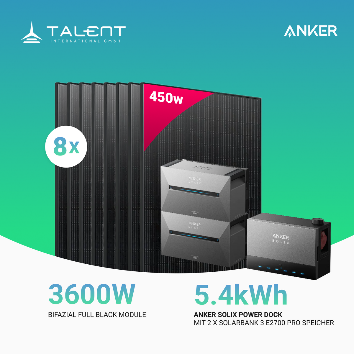 3600W Anker Solix Power Dock PV-Komplettset - 8x 450W Full Black bifazial Glas-Glas Modul & 2x Anker Solix Solarbank 3 Pro (Optional mit Smart Meter & Erweiterungsakku )