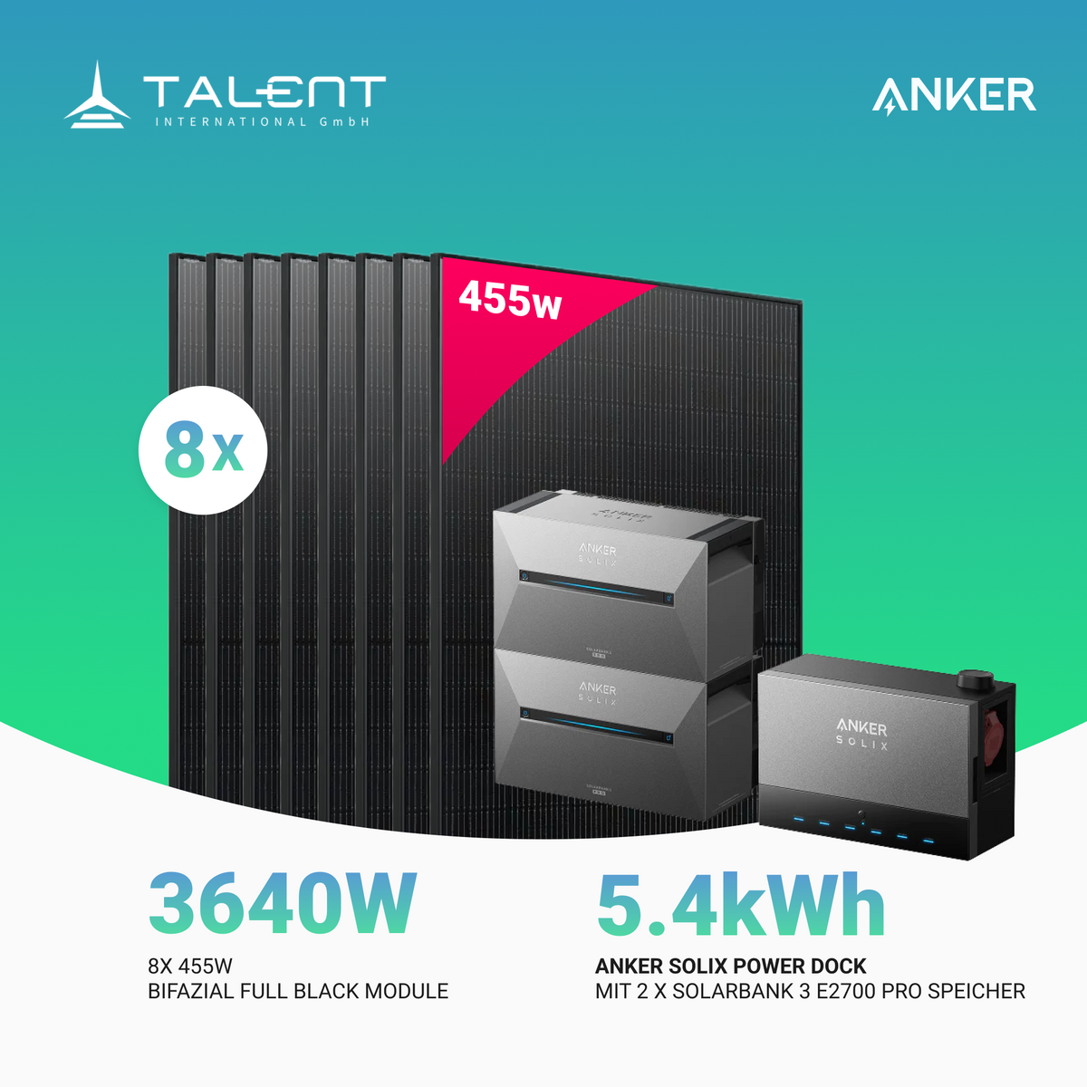 3640W Anker Solix Power Dock PV-Komplettset - 8x 455W Full Black bifazial Glas-Glas Modul & 2x Anker Solix Solarbank 3 Pro (Optional mit Smart Meter & Erweiterungsakku )
