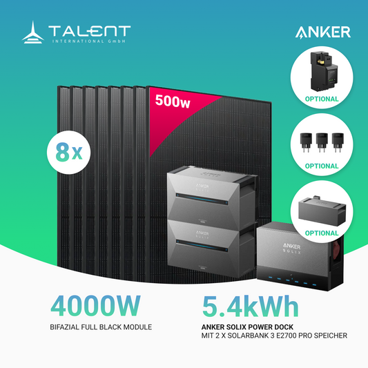 4000W Anker Solix Power Dock PV-Komplettset - 8x 500W Bifazial Transparentes Glas-Glas Full Black Modul & 2x Anker Solix Solarbank 3 Pro