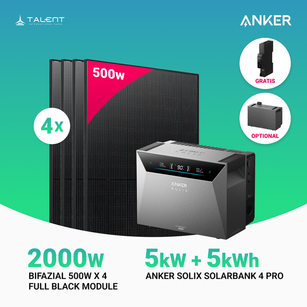2000W Balkonkraftwerk mit Speicher - 4x 500W Full Black bifazial & Anker Solix Solarbank 4 Pro