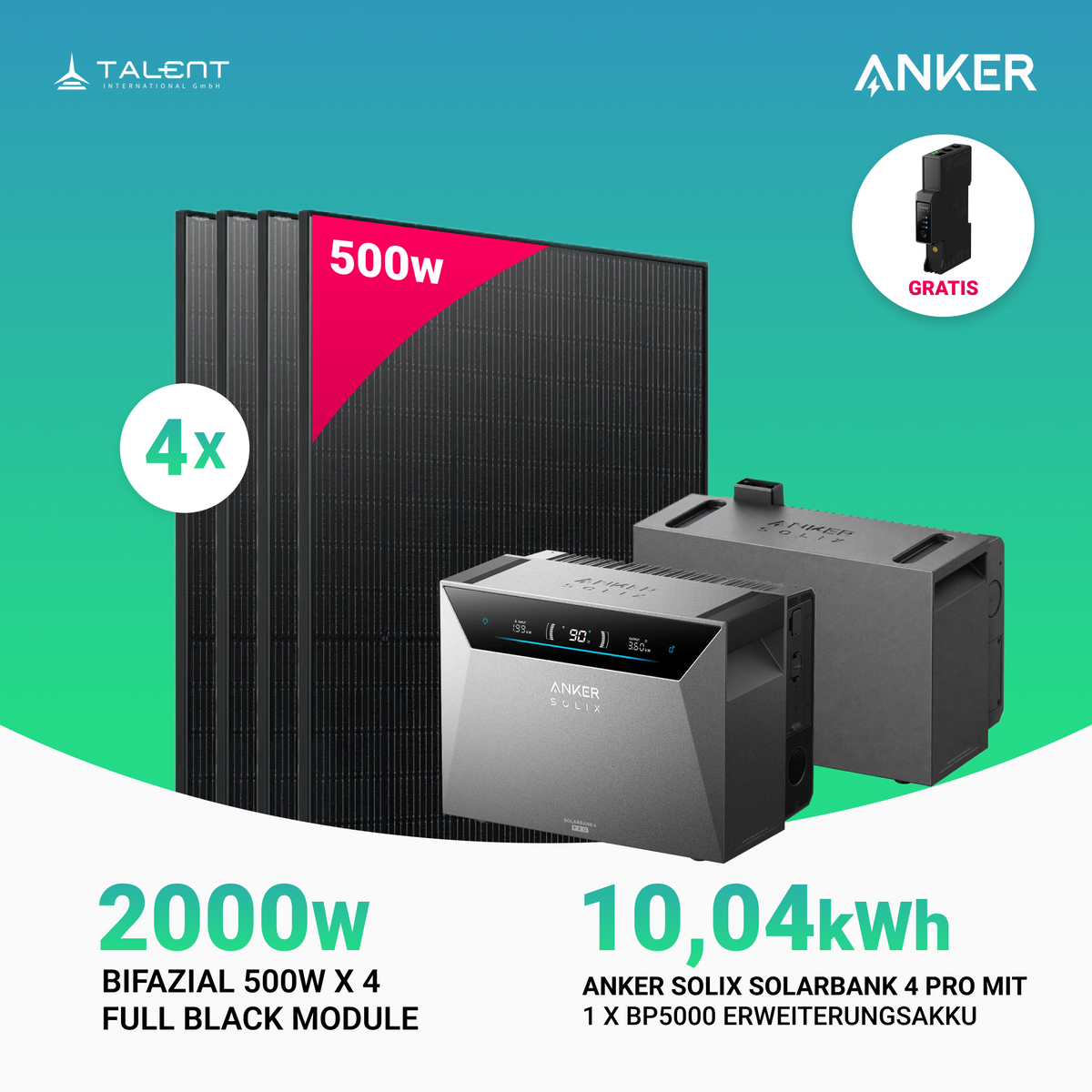 2000W Balkonkraftwerk mit Speicher - 4x 500W Full Black bifazial & Anker Solix Solarbank 4 Pro | jetzt auf Lager & sofort lieferbar