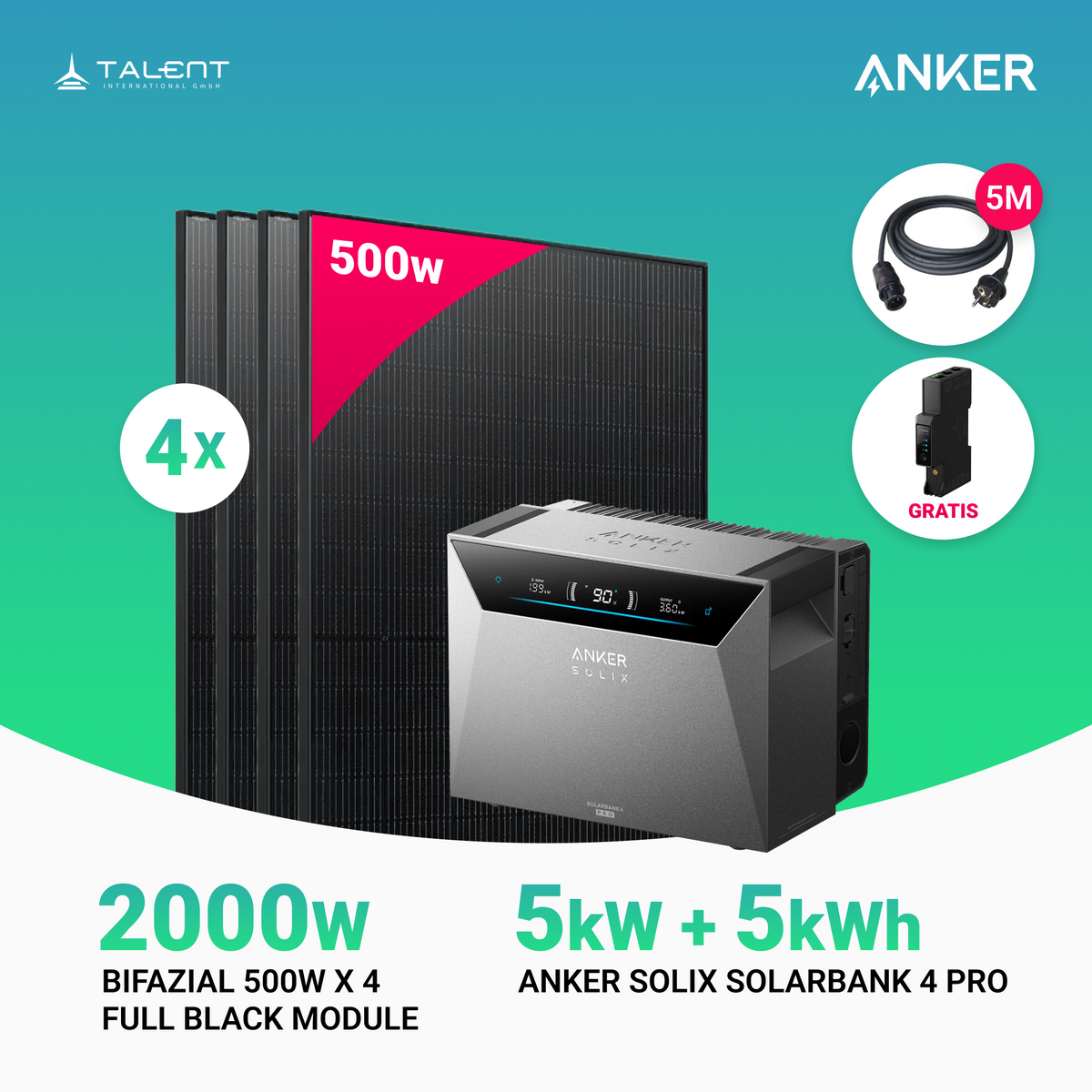 2000W Balkonkraftwerk mit Speicher - 4x 500W Full Black bifazial & Anker Solix Solarbank 4 Pro