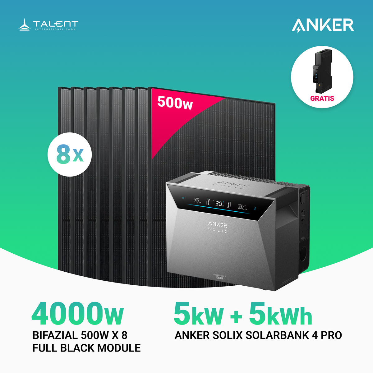 4000W Balkonkraftwerk mit Speicher - 8x 500W Full Black bifazial & Anker Solix Solarbank 4 Pro