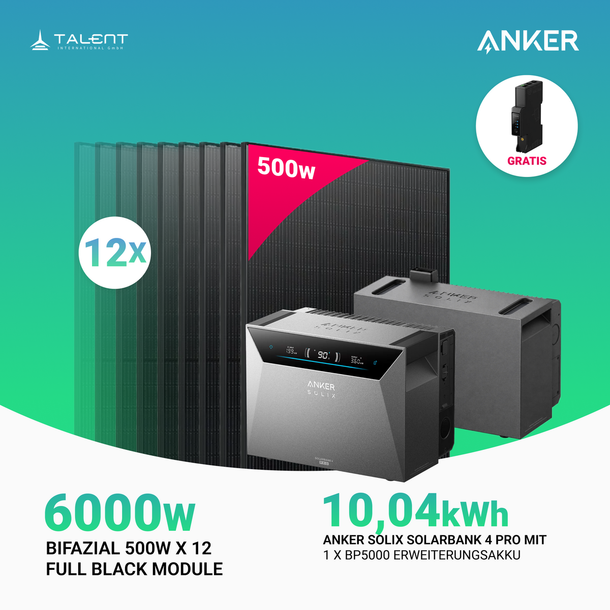 6000W Balkonkraftwerk mit Speicher - 12x 500W Full Black bifazial & Anker Solix Solarbank 4 Pro  | jetzt auf Lager & sofort lieferbar
