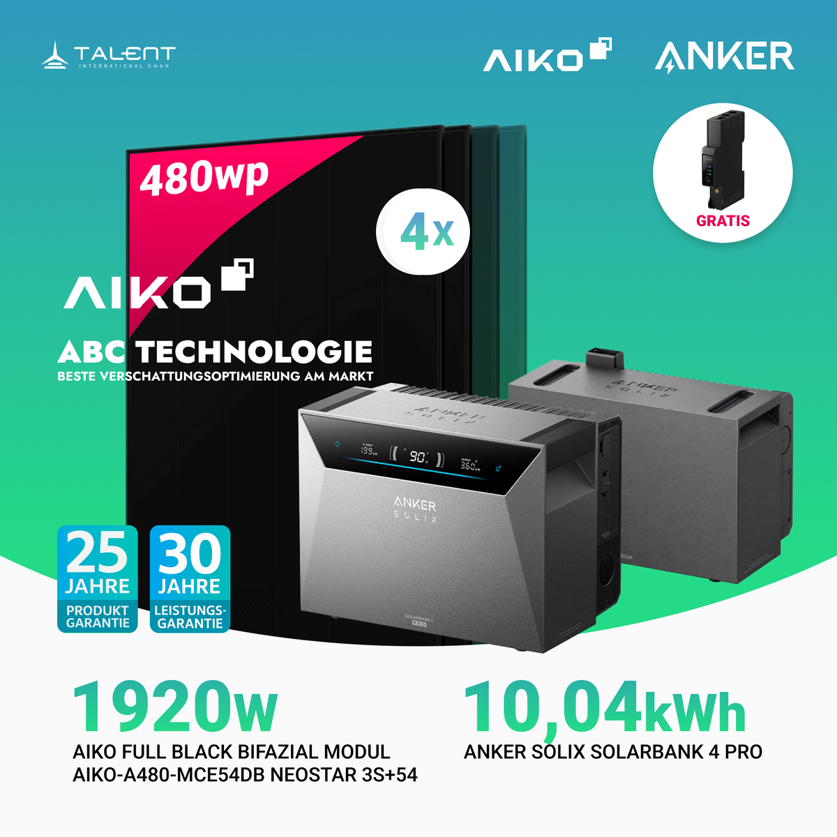 1920W Balkonkraftwerk mit Speicher - 4 × AIKO 480W Full Black bifazial & Anker SOLIX Solarbank 4 Pro | jetzt auf Lager & sofort lieferbar