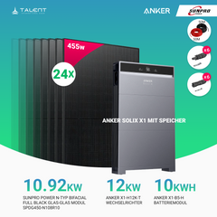 PV Komplettset 12 kWp - 24 × SunPro Power 455W N-Typ Bifacial Full Black Glas-Glas Module & Anker X1-H12K-T mit Speicheroption & Unterkonstruktion