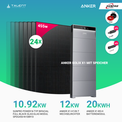 PV Komplettset 12 kWp - 24 × SunPro Power 455W N-Typ Bifacial Full Black Glas-Glas Module & Anker X1-H12K-T mit Speicheroption & Unterkonstruktion