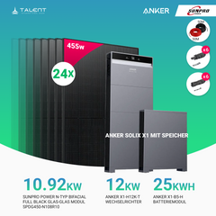 PV Komplettset 12 kWp - 24 × SunPro Power 455W N-Typ Bifacial Full Black Glas-Glas Module & Anker X1-H12K-T mit Speicheroption & Unterkonstruktion